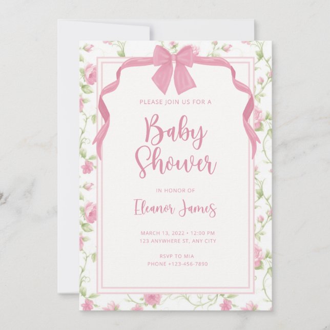 Invitación a Baby Shower con flores vintage (Anverso)