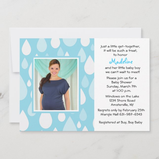 Invitación a Baby Shower con foto azul Raindrop (Anverso)