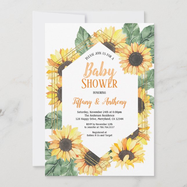 Invitación a Baby Shower con girasol (Anverso)