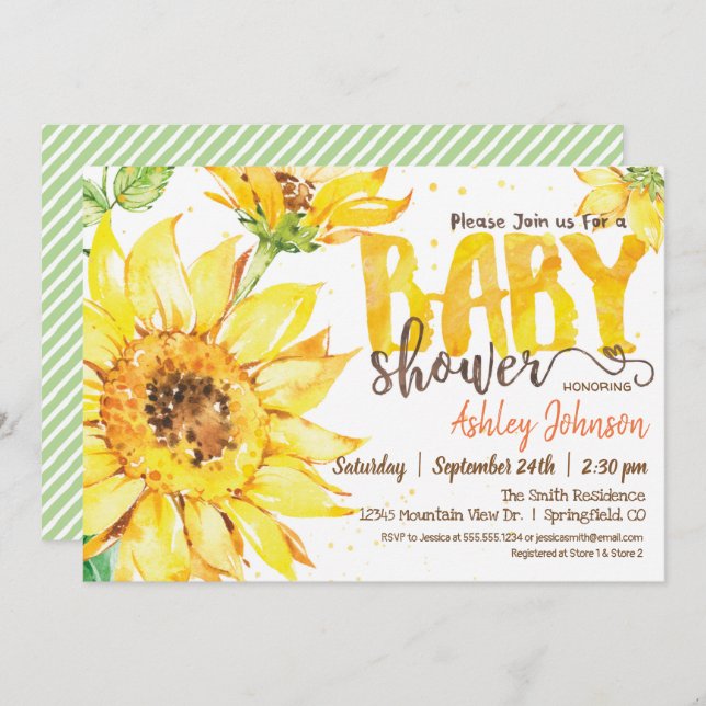 Invitación a Baby Shower con girasol (Anverso / Reverso)