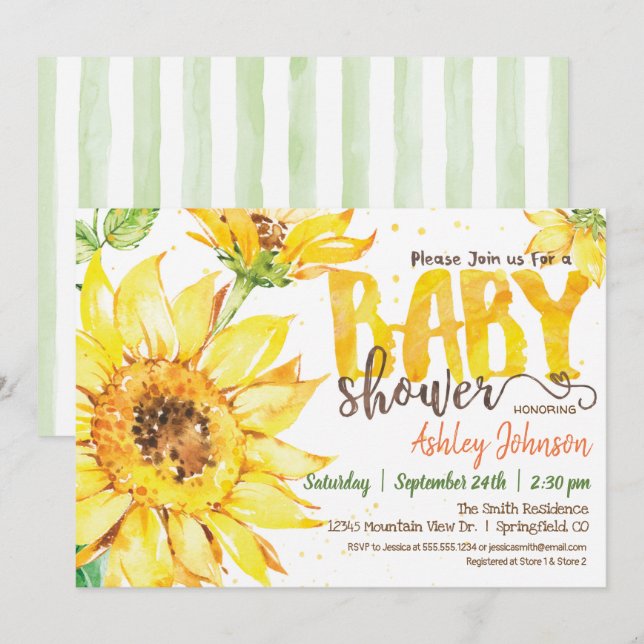 Invitación a Baby Shower con girasol (Anverso / Reverso)