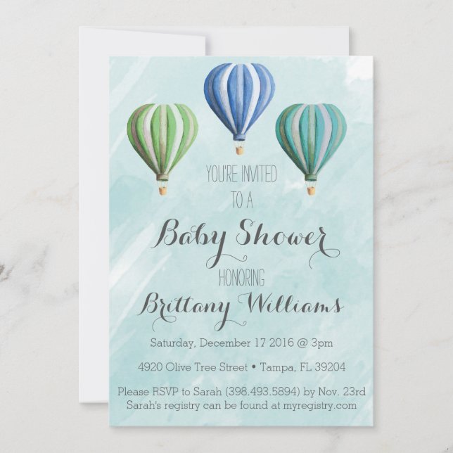 Invitación a Baby Shower con globo aerostático de  (Anverso)