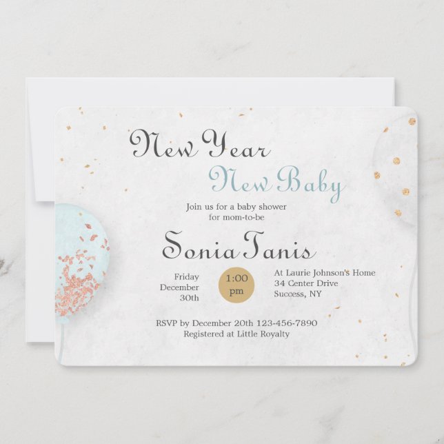 Invitación a Baby Shower con globo azul (Anverso)
