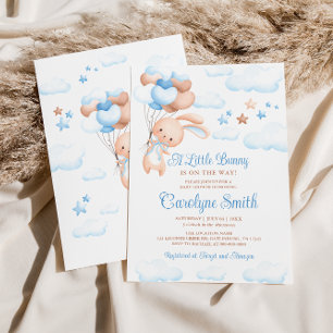 Invitación a Baby Shower con globo azul de conejo 
