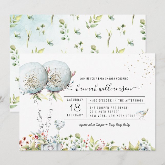 Invitación a Baby Shower con globo azul de los gem (Anverso / Reverso)