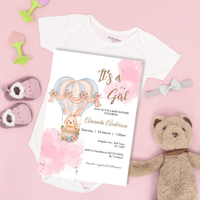 Invitación a Baby Shower con globo de Chica rosado (Pink Girl Rabbit Balloon Baby Shower Invite)