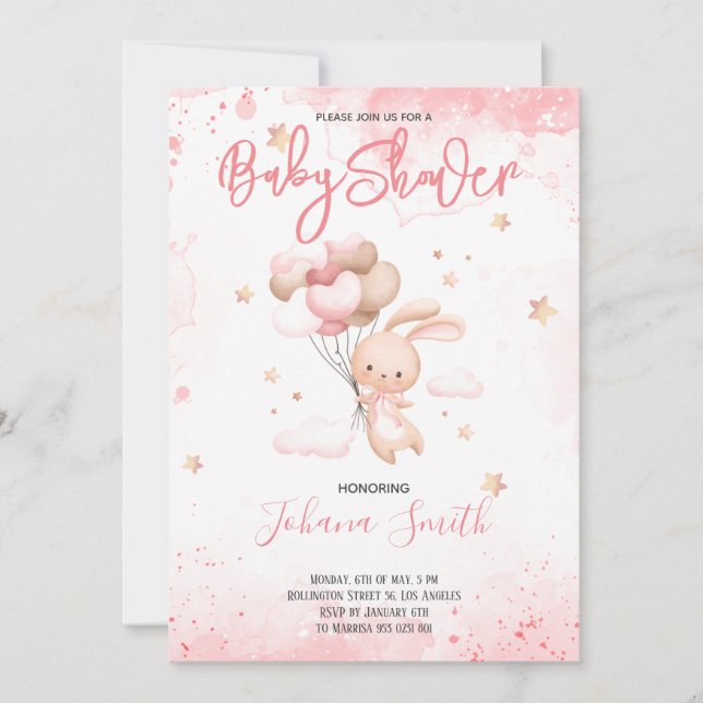 Invitación a Baby Shower con globo de conejo rosa (Anverso)