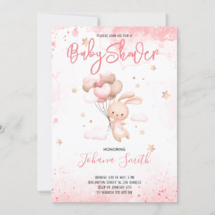 Invitación a Baby Shower con globo de conejo rosa