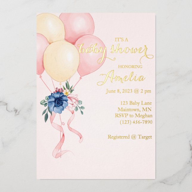Invitación a Baby Shower con globo de flores (Anverso)