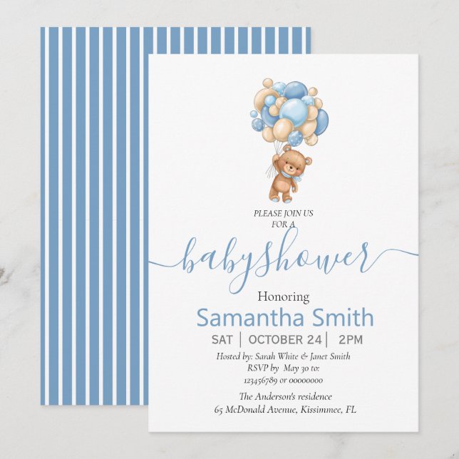 Invitación a Baby Shower con globo de Oso Teddy (Anverso / Reverso)