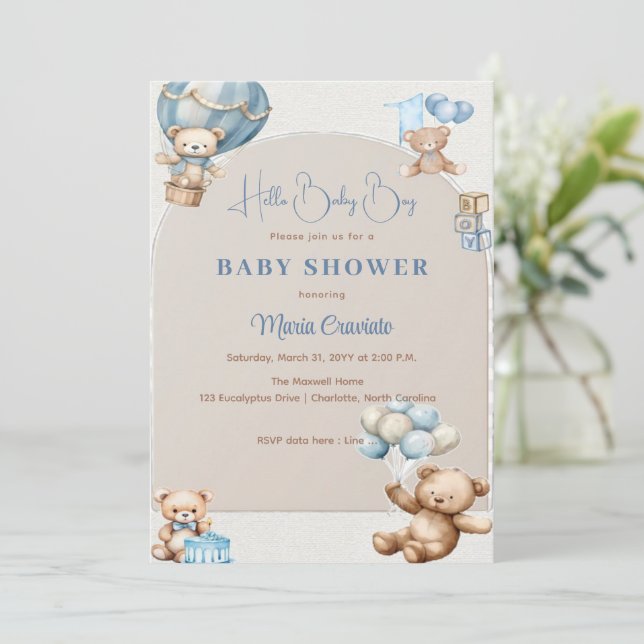 Invitación a Baby Shower con globo de Oso Teddy (Anverso de pie)