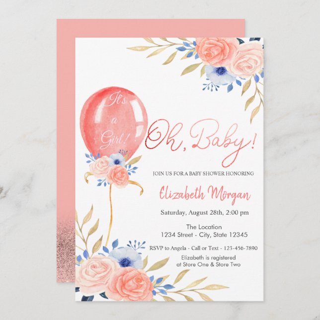 Invitación a Baby Shower con globos florales (Anverso / Reverso)