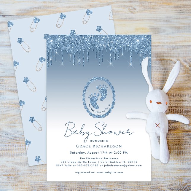 Invitación a Baby Shower con goteo de Purpurina az (Blue Glitter Elegant Baby Shower Invitation)