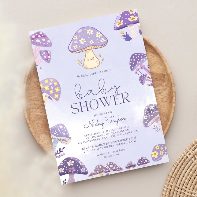 Invitación a Baby Shower con hongos morados (Subido por el creador)