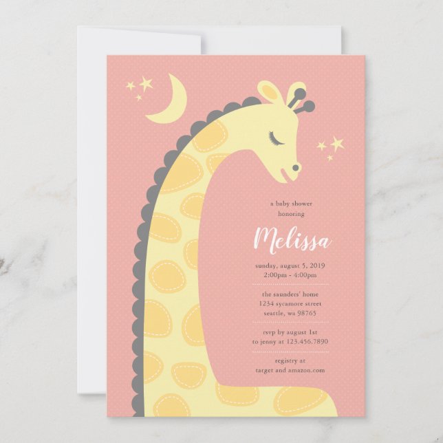Invitación a baby shower con jirafa sobre fondo ro (Anverso)