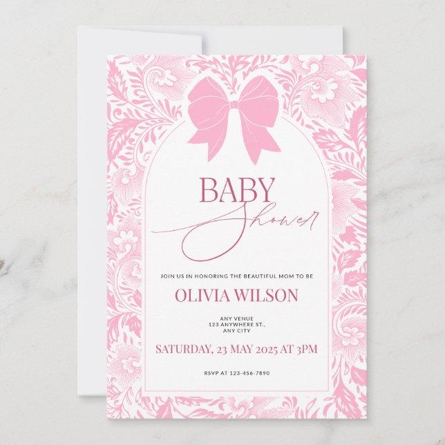 Invitación a baby shower con lazo rosa adorable (Anverso)