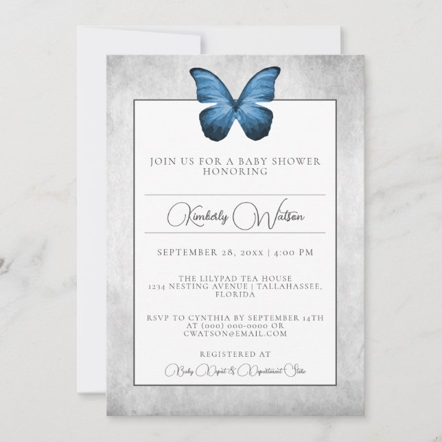 Invitación a Baby Shower con mariposa azul (Anverso)