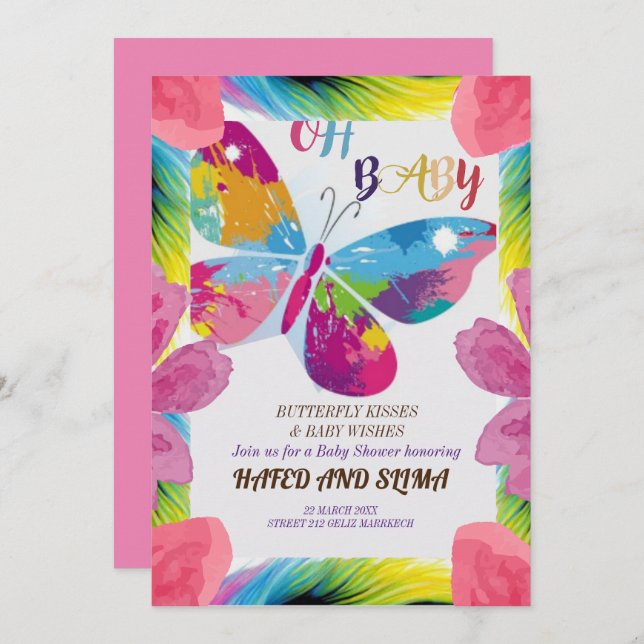 Invitación a Baby Shower con mariposa, bebé maripo (Anverso / Reverso)