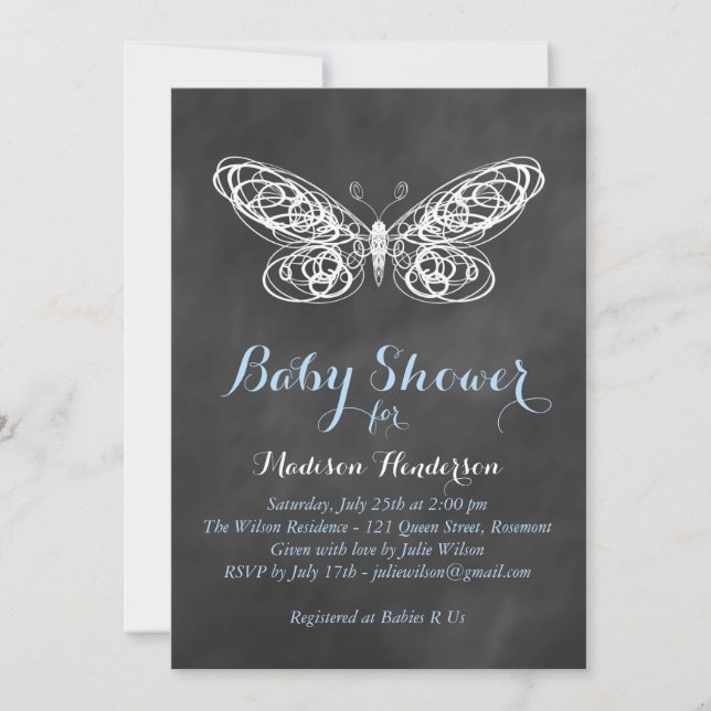 Invitación a Baby Shower con mariposa de pizarra d (Anverso)