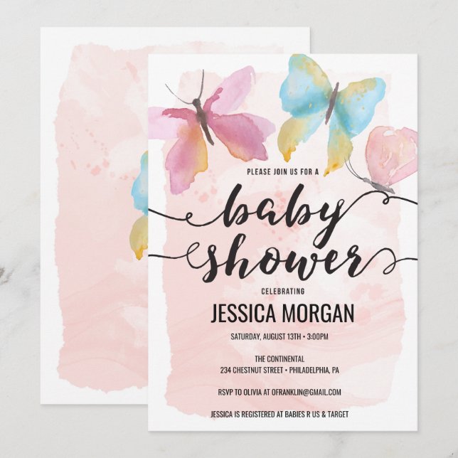 Invitación a Baby Shower con mariposa rosa (Anverso / Reverso)