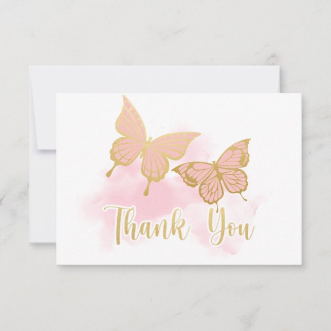 Invitación a Baby Shower con mariposa rosa Gracias (Anverso)