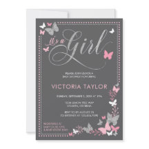 Invitación a Baby Shower con mariposa, rosa, gris
