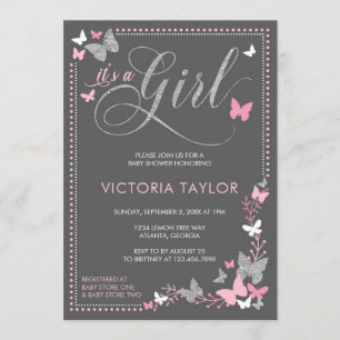 Invitación a Baby Shower con mariposa, rosa, gris