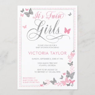 Invitación a Baby Shower con mariposa, rosa, plate