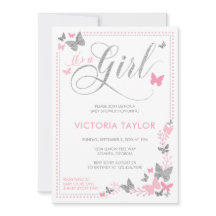 Invitación a Baby Shower con mariposa, rosa, plate