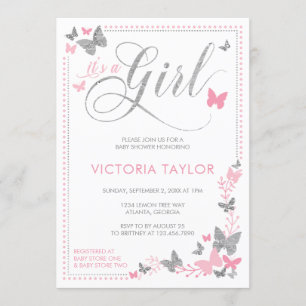 Invitación a Baby Shower con mariposa, rosa, plate
