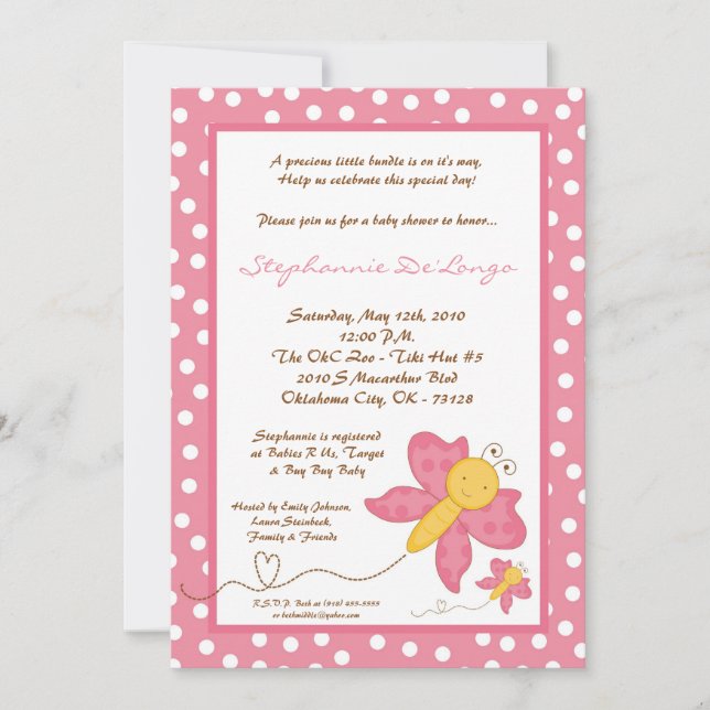 Invitación a Baby Shower con mariposas rosadas de  (Anverso)