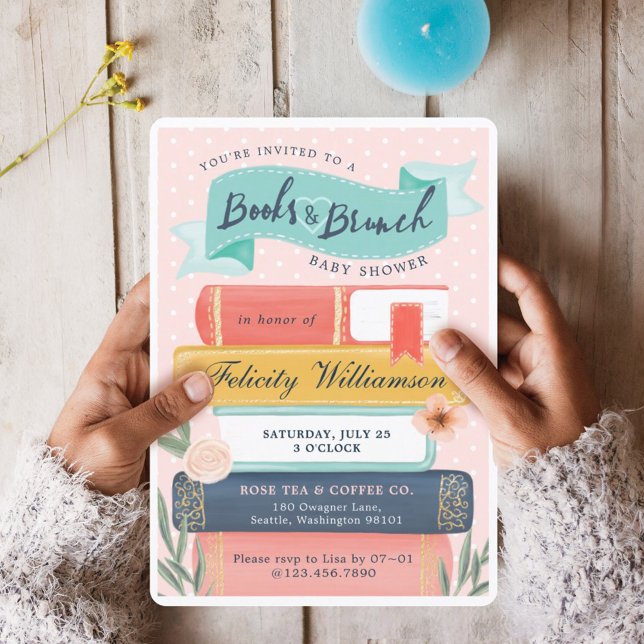 Invitación a Baby Shower con moda Books & Brunch F (Chic Books & Brunch Floral Baby Shower Invitation)