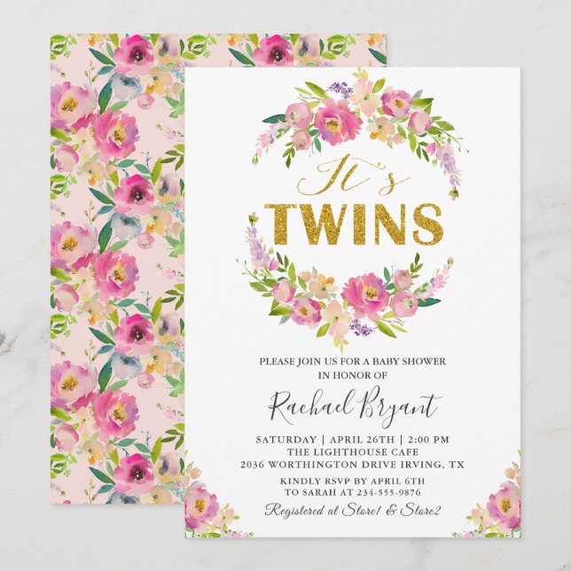 Invitación a Baby Shower con moda Twins Pink Flora (Anverso / Reverso)