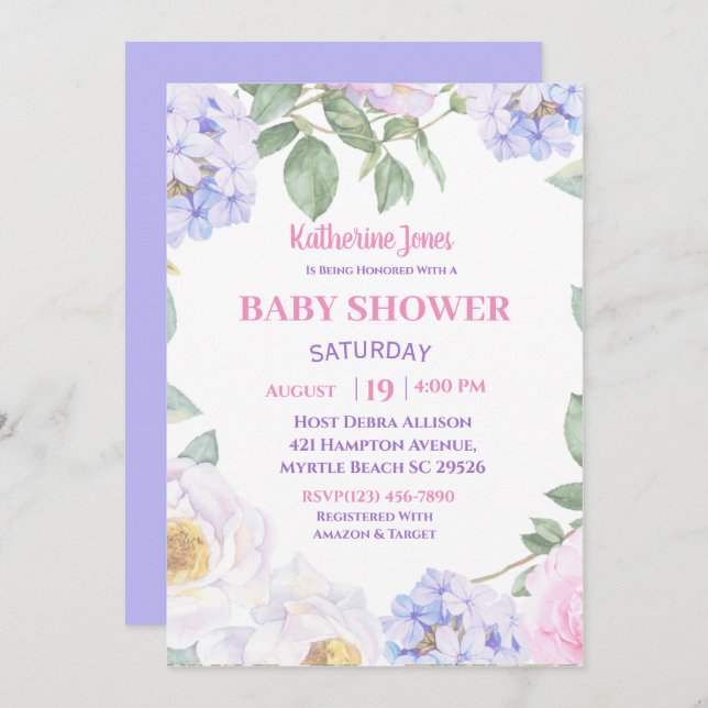 Invitación a Baby Shower con morado floral (Anverso / Reverso)