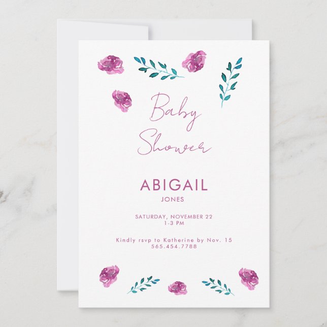 Invitación a Baby Shower con morado floral (Anverso)