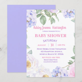 Invitación a Baby Shower con morado floral