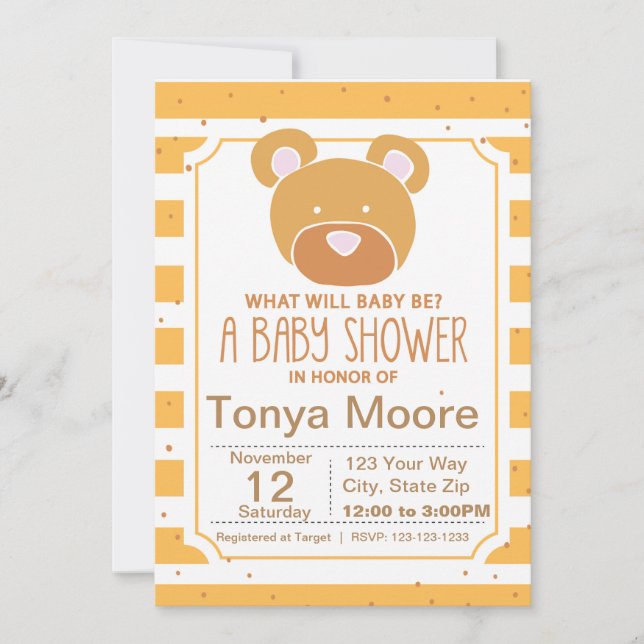 Invitación a Baby Shower con oso amarillo (Anverso)
