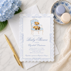 Invitación a baby shower con oso de peluche y lazo