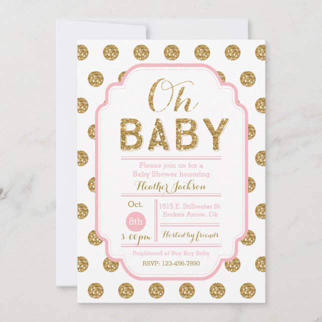 Invitación a Baby Shower con Punto Polka - Rosa y  (Anverso)