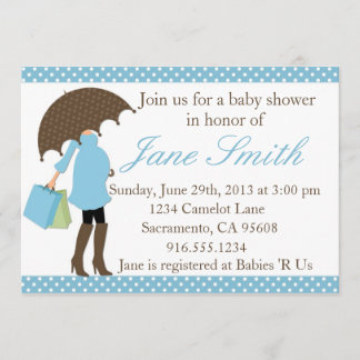 Invitación a Baby Shower con puntos de polka azul