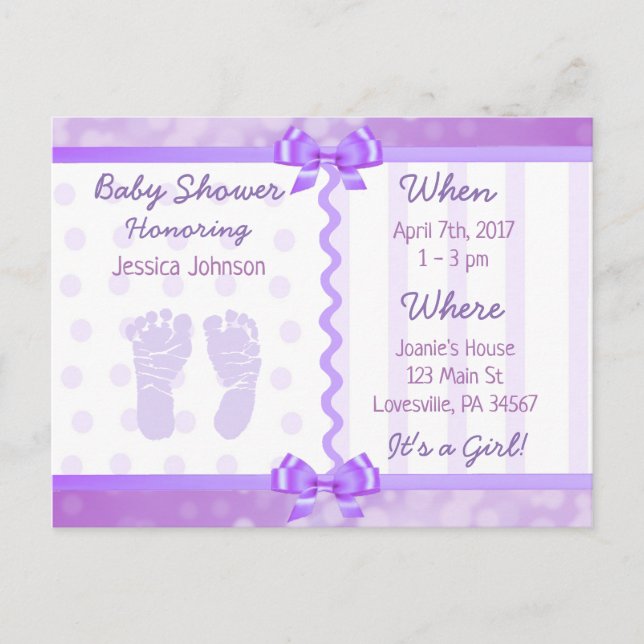 Invitación a Baby Shower con púrpura y puntos de p (Anverso)