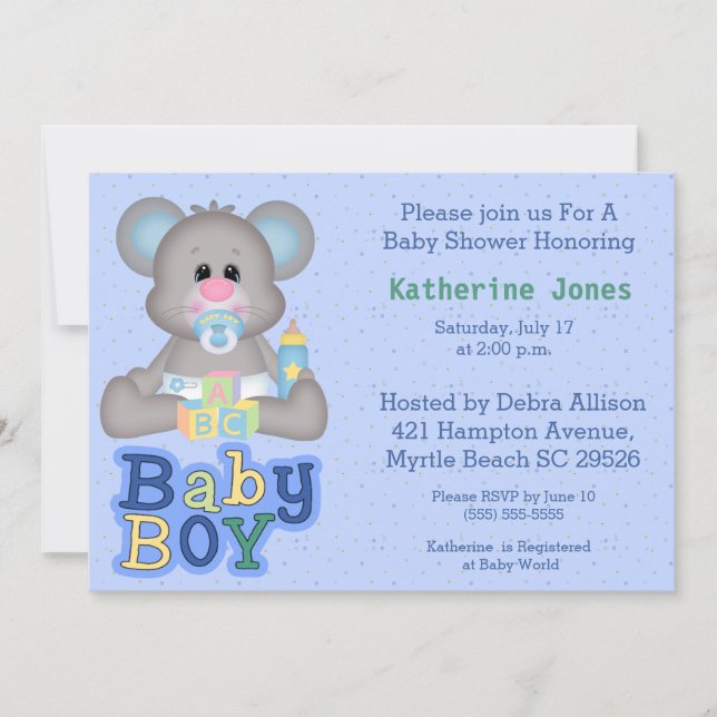Invitación a Baby Shower con ratón de bebé lindo (Anverso)