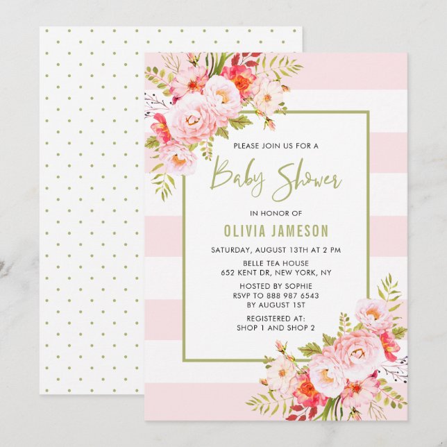 Invitación a Baby Shower con rayas rosas Floral (Anverso / Reverso)