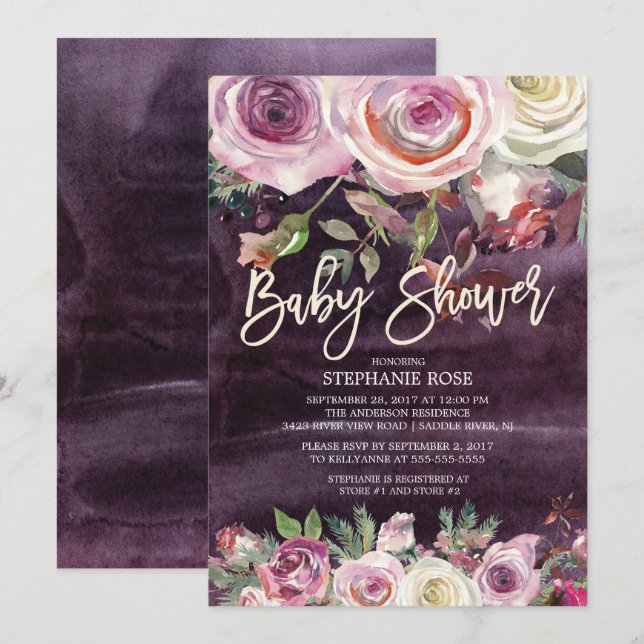 Invitación a Baby Shower con Rosa escarpado morado (Anverso / Reverso)
