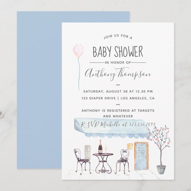 Invitación a Baby Shower con tema de acuarela Parí (Anverso / Reverso)