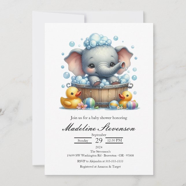 Invitación a Baby Shower con tema de Elefante y Ba (Anverso)