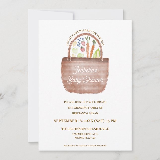 Invitación a Baby Shower con tema de Mercado de Gr (Anverso)
