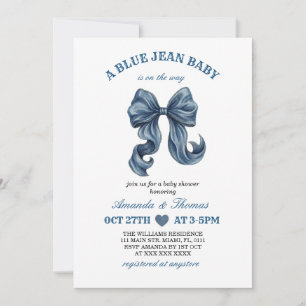 Invitación a baby shower con tema de mezclilla azu