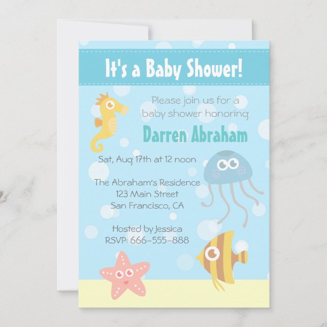 Invitación a Baby Shower con Tema Subacuático Kawa (Anverso)