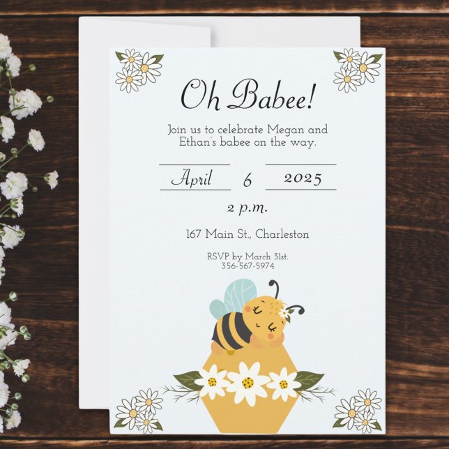 Invitación a Baby Shower con temas de interés (Cute Editable Bee Themed Baby Shower Invitation with a sweet bee and daisy design.)